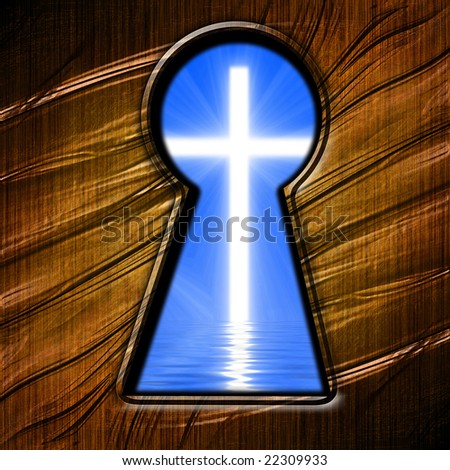key hole looking out on a cross
