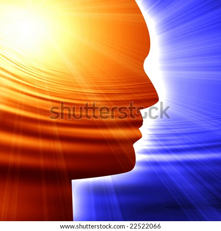 Human head silhouette with focus on the brain on a blue background