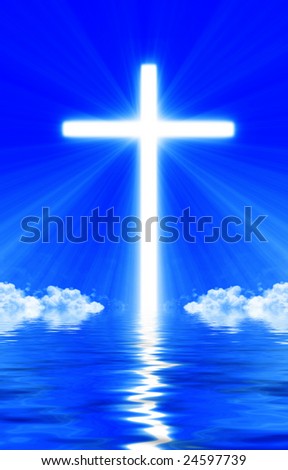 Bright glowing cross in the clouds reflected in the ocean