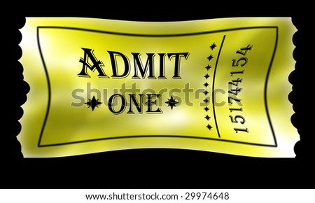 Close up on a golden admit one ticket