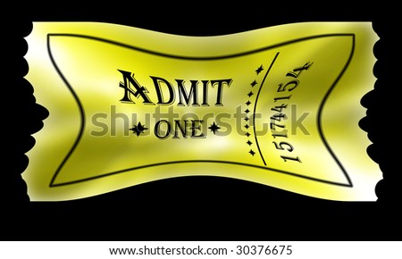 Close up on a golden admit one ticket