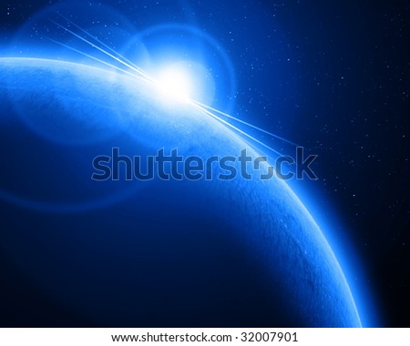 Alien blue planet in space on a dark blue background