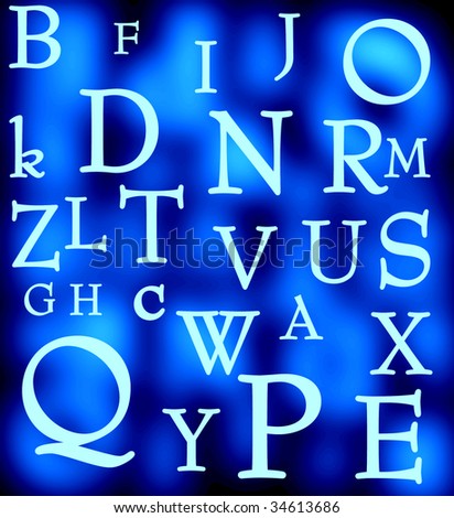 glowing letters of the alphabet on a blue background
