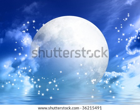 white clouds in a clear blue sky with the moon