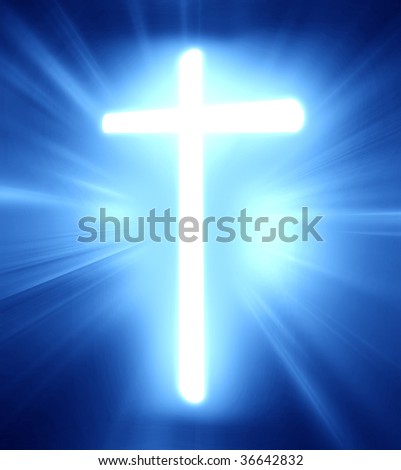 glowing cross on a soft blue background