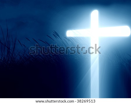 glowing cross on a dark blue background