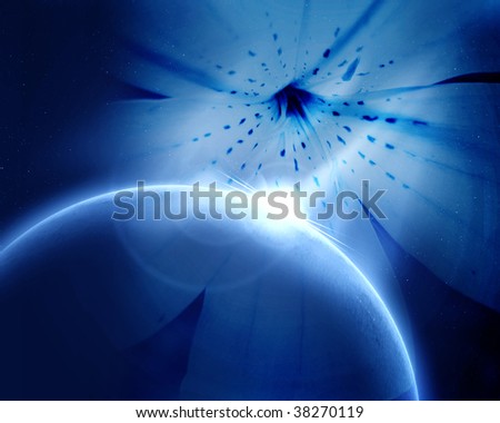 Alien blue planet in space with a flower above