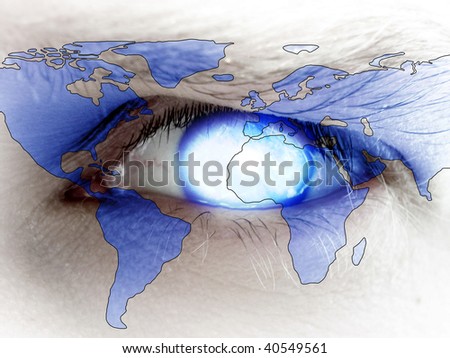 human eye with a map of the world on top