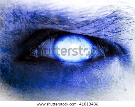 human eye with a glowing blue pupil in it