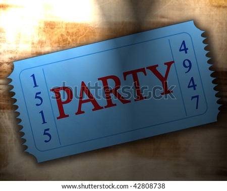blue party ticket on an old paper texture