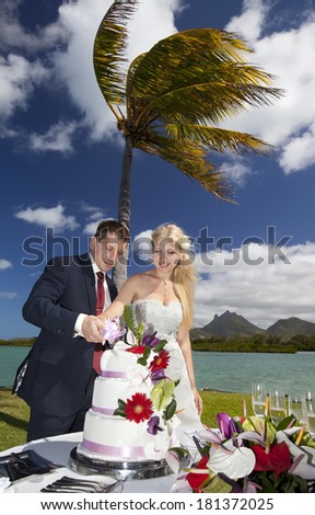 Beach wedding ceremony with cake in Mauritius. Couple cuts the cake for a wedding ceremony.