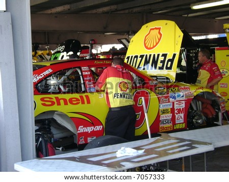 kevin harvick`s car in the garage