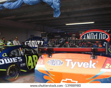 Dover, Delaware September 21 2007: Jimmy Johnson and Jeff Gordon`s car in the garage at Dover International Speedway