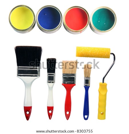 four color cans and four paint brushes and paint roll totally isolated on white background hardware tools four color cans and four paint brushes and paint roll totally isolated on white background hardware tools