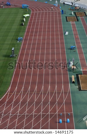 stadium hundred meters sports track lanes and long jump detail from athens greece olympic stadium