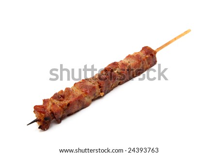 pork kebab on wooden stick grilled isolated on white background