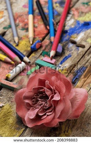 color paints,crayons and pencils for drawing in old style