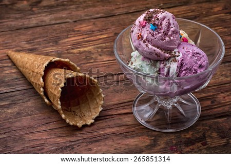 fruit ice cream in  bowl.The image is tinted in vintage style.Shallow DOF