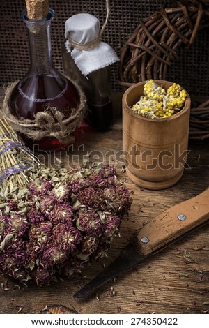 dried medicinal licorice root and mother and stepmother.Selective focus