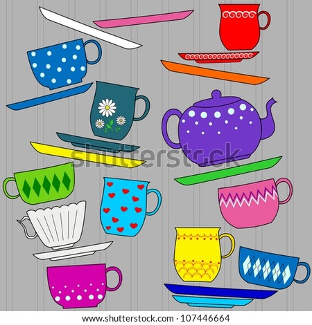 Fun background with colorful cups, mugs, teapot