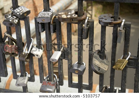 Closed locks on the old bridge. According russian tradition married couple must closed lock on the bridge to preserve marriage
