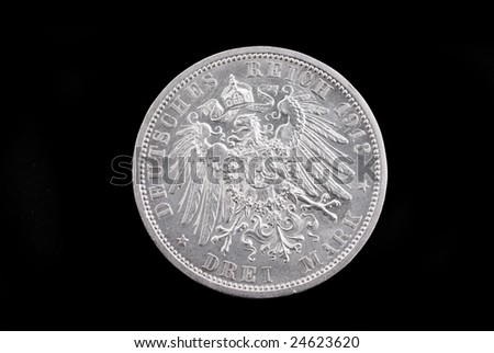 German empire. German old silver coin (king Wilhelm II, 3 mark, 1913). Reverse (of coin).