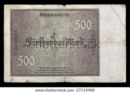 History of Germany. Bank note (bill) of Weimar republic. 500 mark. 1922. Reverse. Path on the black background.