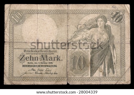 History of Germany. Bank note (bill) of Keiser Germany. 10 mark. 1906. Obverse. Path on the black background