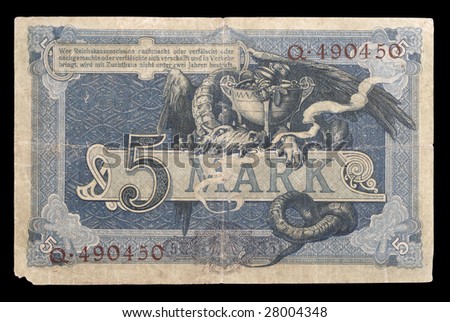History of Germany. Bank note (bill) of Keiser Germany. 5 mark. 1904. Reverse. Path on the black background
