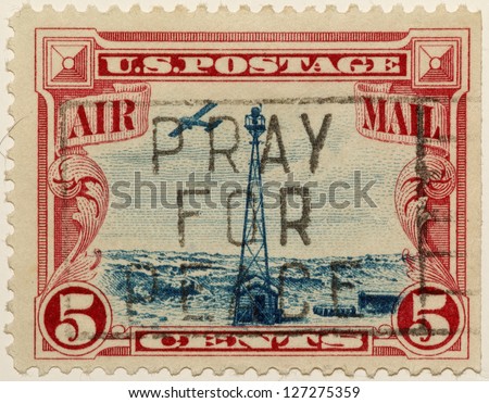 UNITED STATES - CIRCA 1928: Five Cent Airmail stamp printed in United states (USA), shows tower and single plane, circa 1928