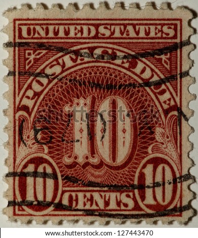 UNITED STATES OF AMERICA - CIRCA 1930: Ten cent postage due stamp printed in the United States shows \