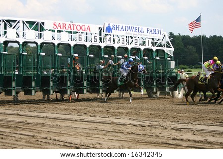 SARATOGA SPRINGS - August 18: M. Luzzi aboard Raffit Gets a bad Start but Successful Affair have not left the gate at the Start of the Third Race August 18, 2008 in Saratoga Springs, NY.
