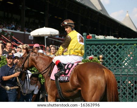 SARATOGA SPRINGS - August 18: John R. Velazquez Aboard Ahvee\'s Destiny in the Winners Circle after the Mechanicville Stakes For New York Bred August 18, 2008 in Saratoga Springs, NY.