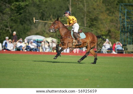 SARATOGA SPRINGS - August 27: Unidentified Polo Player and Horse galloping down the field during match at Saratoga Polo Club August 27, 2008 in Saratoga Springs, NY.