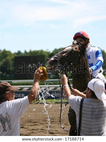 SARATOGA SPRINGS - August 23:  Alan Garcia Aboard Missinglisalewis cools down his horse after winning the fourth race on Travers Day August 23, 2008 in Saratoga Springs, NY.