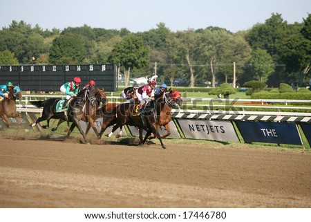 SARATOGA SPRINGS - August 22: Golden Velvet and  Lemon Drop Mom Battle for the Early lead into the Clubhouse Turn in the Personal Ensign Grade I Stakes Race August 22, 2008 in Saratoga Springs, NY.
