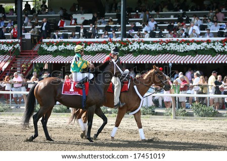 SARATOGA SPRINGS - August 23: Cornellio Velasquez Aboard Drum Major in the Post Parade before the Bernard Baruch Handicap on Travers day August 23, 2008 in Saratoga Springs, NY.