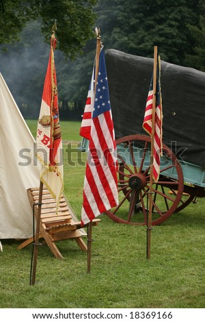 MENANDS - September 13: Flags in Front of an Officer\'s Tent During a Civil War Reenactment at the Albany Rural Cemetery on September 13, 2008 in Menands, NY.