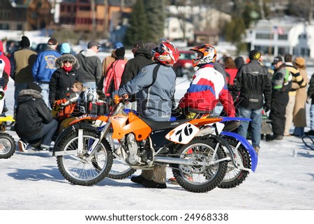 LAKE GEORGE- FEBRUARY 14: Motorcycles are Ready for the Next Race on frozen lake George During the 2009 Winter Carnival on February 14, 2009 in Lake George, NY.