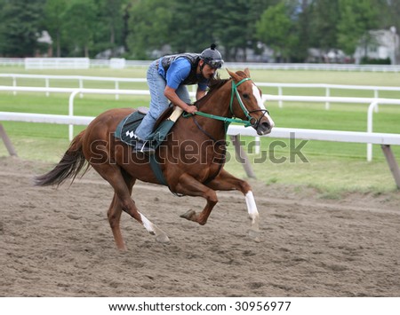 SARATOGA SPRINGS - May 23: Exercise rider for trainer Gary Contessa breezes a horse during Memorial Day Weekend at the Oklahoma training track- May 23, 2009 in Saratoga Springs, NY.