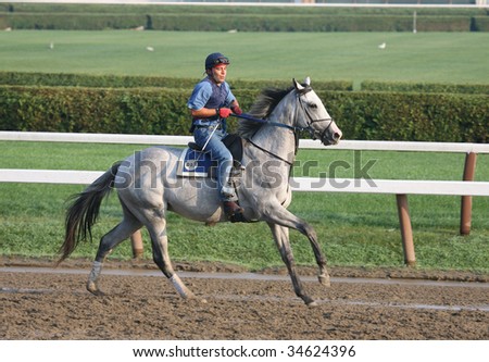 SARATOGA SPRINGS, NY- AUGUST 1: Rider works horse for Trainer H. James Bond on the main track at Saratoga Race Track - August 1, 2009 in Saratoga Springs, NY.