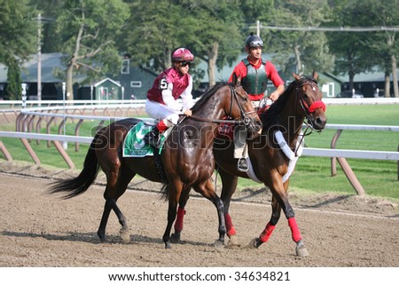 SARATOGA SPRINGS, NY- AUGUST 1:  Javier Castellano aboard Criticism (GB) in the post parade before the 71st Diana Stakes at Saratoga Race Track,  August 1, 2009 in Saratoga Springs, NY.