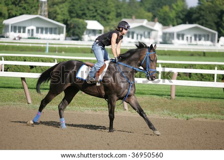 SARATOGA SPRINGS, NY- SEPT 7: A rider works a horse for a trainer on the last day of workouts for the season on the main track at Saratoga Race Track, September 7, 2009 in Saratoga Springs, NY.