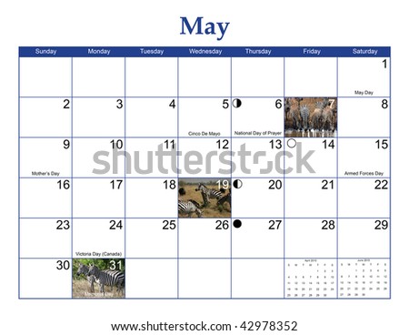  May 2010 Wildlife Calendar Page with Zebra pictures, moon phases, and