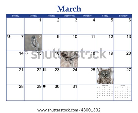 march 2010 Wildlife Calendar Page with Owl pictures, moon phases, and NO Holidays