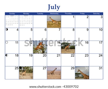 July 2010 Wildlife Calendar Page with Giraffe pictures, moon phases, and NO Holidays