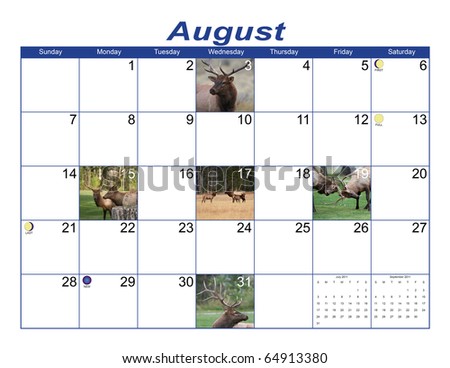 Colorful August 2011 Calendar containing wildlife photos, phases of the moon and seasons. Can be used World wide.