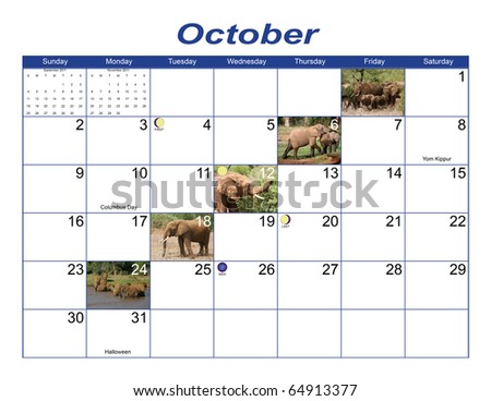 Colorful October 2011 Calendar containing wildlife photos, North American Holidays, phases of the moon and seasons