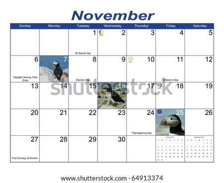 Colorful November 2011 Calendar containing wildlife photos, North American Holidays, phases of the moon and seasons