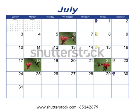 Colorful July 2011 Calendar containing wildlife photos, phases of the moon and seasons. Generic with NO holidays.